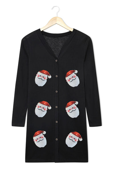 Festive Women's Black Sequined Santa Cardigan - Stylish Button-Up Sweater for Holiday Parties and Winter Celebrations