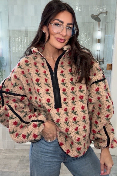 women's rose print sherpa half-zip pullover in beige made for easy styling and wardrobe coordination, with premium-like structure and finish. with