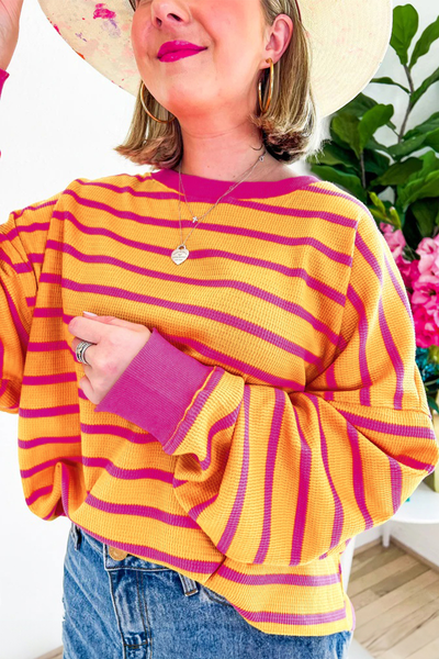 Cozy Women's Orange Stripe Trim Drop Shoulder Sweater - Stylish Loose Fit Knitwear for Casual Chic Looks