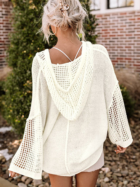 Cozy White Crochet Hooded Sweater with Pockets