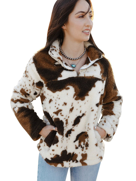 Women's Cow Print Zip Collar Fleece Sweatshirt