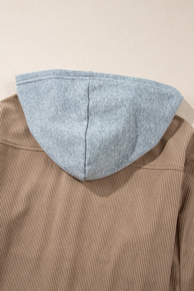 Chic Women's Pale Khaki Corduroy Shacket with Hood, Drawstring, and Pockets - Perfect for Casual Layering