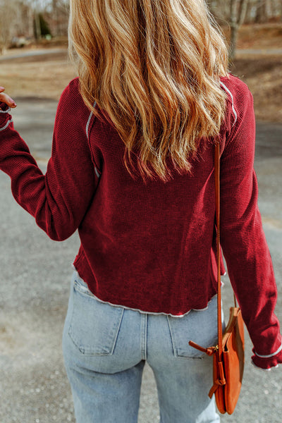 Women's Fiery Red Textured Long Sleeve Blouse - Casual Round Neck Top for Effortless Everyday Chic