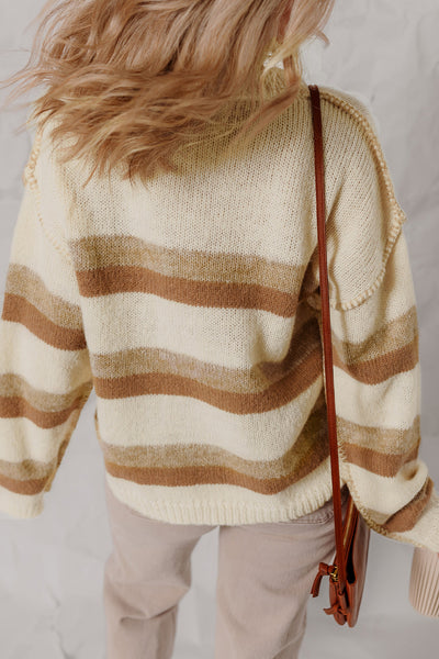 Women's Casual Khaki Stripe Knit Sweater with Exposed Seams, Drop Shoulder, and Relaxed Fit for Effortless Style