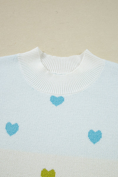 Cozy Women's Multicolor Heart Pattern Colorblock Knit Sweater - Chic High Neck Pullover for Casual Comfort