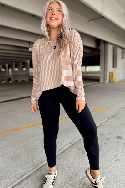 Women's Casual Khaki Stripe Dolman Long Sleeve Top - Effortless Round Neck Style for Comfortable Everyday Wear