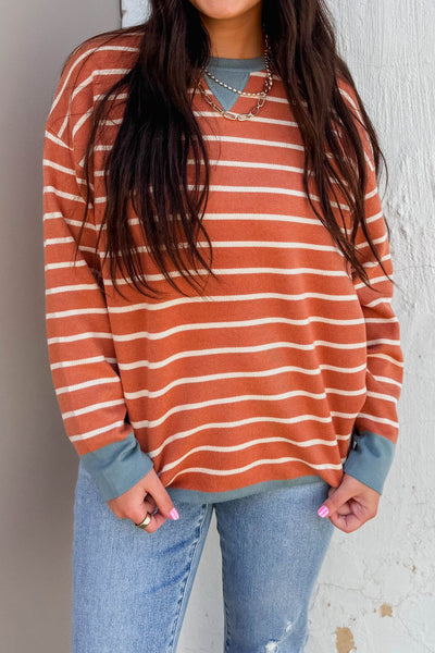 Trendy Women's Orange Striped Ribbed Drop Shoulder Sweater with Color Block Design for a Cozy Fall Outfit