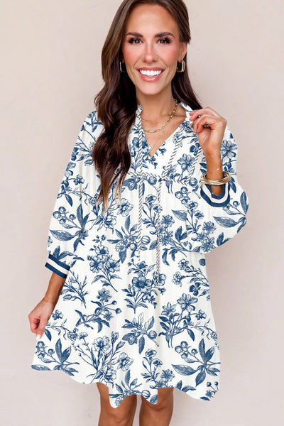 Women's Cute Blue Floral Babydoll Mini Dress with 3/4 Puff Sleeves - Stylish Summer Outfit for Effortless Comfort