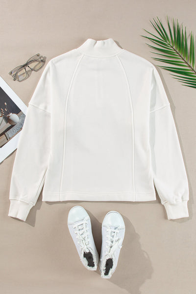 Cozy Women's White Zipped Neck Pullover Sweatshirt with Drop Shoulders - Effortless Casual Style for Everyday Comfort