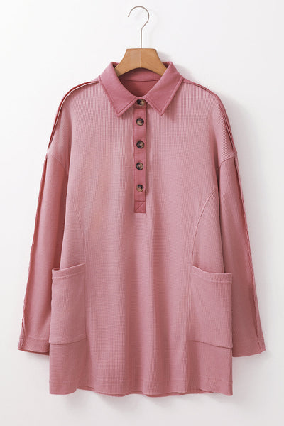 Women's Relaxed Fit Pink Waffle Knit Long Sleeve Collared Top - Stylish Half Button Design for Casual Comfort