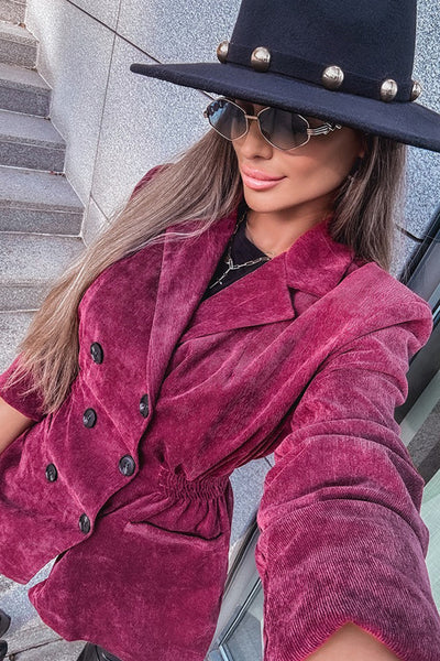 Effortlessly Chic Women's Pitaya Pink Corduroy Blazer with Smocked Waist & Double-Breasted Design for Stylish Comfort