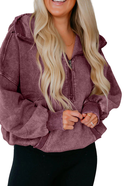 Cozy Women's Wild Ginger Mineral Wash Baggy Hoodie with Half Zip and Kangaroo Pocket for Casual Comfort