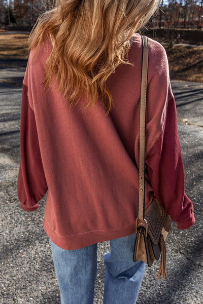 Cozy Women's Mineral Red Two-Tone Patchwork Drop Shoulder Sweatshirt - Effortless Everyday Casual Style