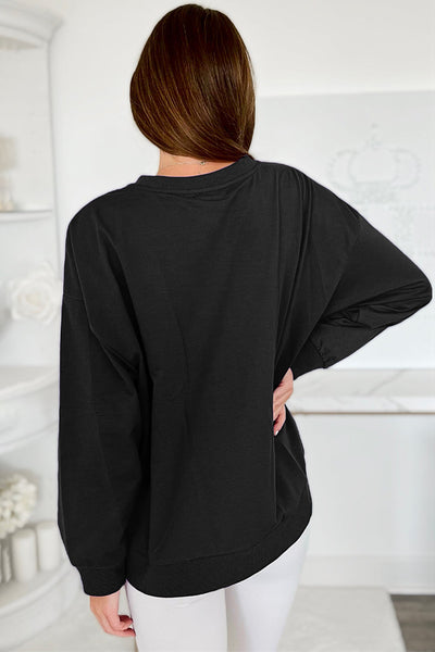 Stylish Women's Black Graphic Sweatshirt with Drop Shoulders for Game Day Comfort and Trendy Casual Wear
