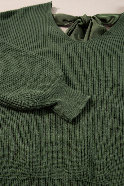 Women's Cozy Jungle Green V-Neck Sweater with Lantern Sleeves and Knot Back Detail - Perfect for Any Occasion