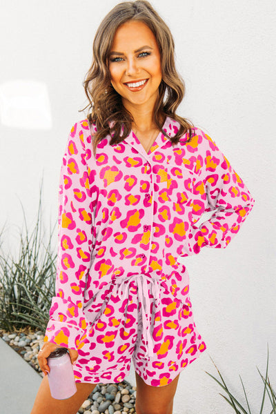 Cozy Women's Pink Leopard Print Pajama Set with Long Sleeve Shirt & Shorts - Stylish Sleepwear for Ultimate Comfort