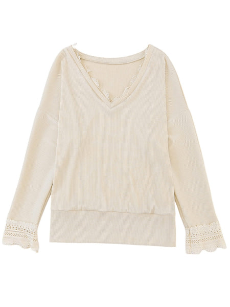 Women's Lace-Trimmed Ribbed V-Neck Blouse with Bell Sleeves