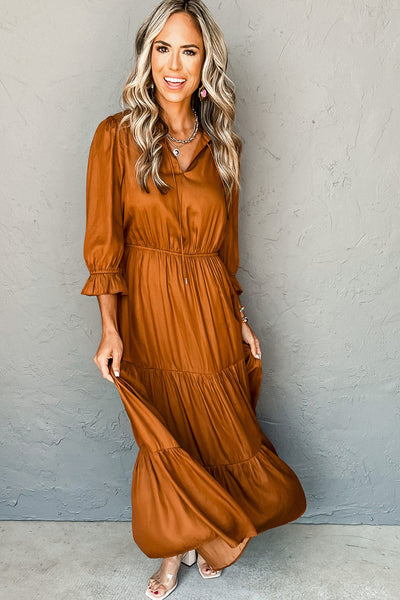 Elegant Women's Gold Flame Tiered Maxi Dress with Flounce Sleeves & V-Neck - Perfect for Summer Events and Parties