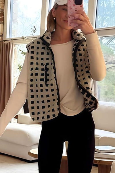 Cozy Women's Black Checkered Plush Winter Vest with Zip-Up Closure for Stylish Layering and Warmth