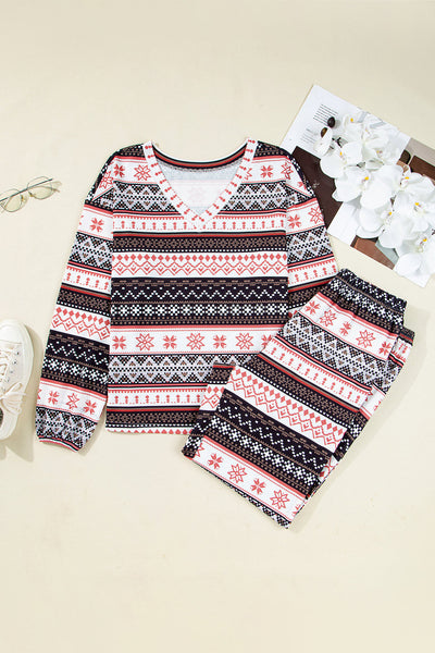 Cozy Women's Black Retro Christmas Pullover & Lounge Pants Set - Loose Fit Holiday Outfit for Festive Comfort