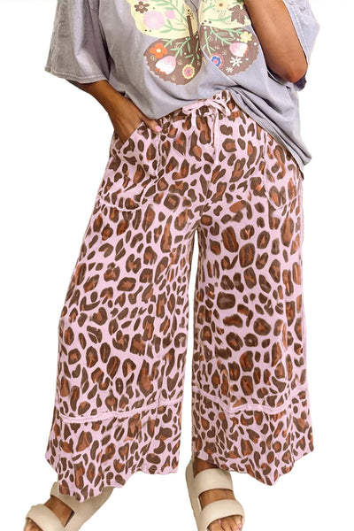 Women's Pink Leopard Print Wide-Leg Cropped Pants