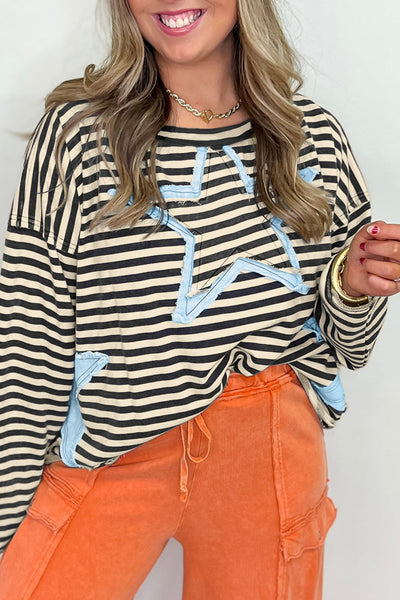 Women's Effortless Style Black Striped Knit Top with Starry Patch, Drop Shoulder & Raw Edge for Casual Chic Looks