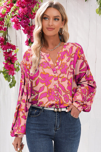Women's Pink Floral 100% Viscose Batwing Sleeve Button-Up