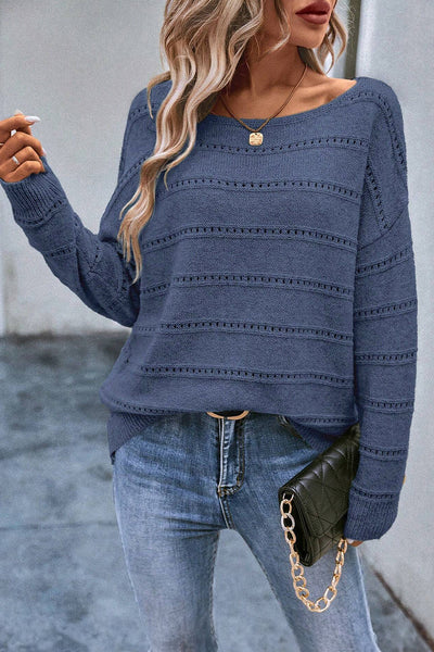 Cozy Women's Real Teal Boat Neck Sweater with Drop Shoulders & Pointelle Knit for Chic Fall Fashion