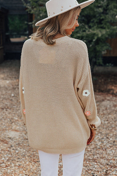 Cozy Women's Floral Embroidered Knit Sweater in Parchment - Loose Fit for Casual Outings and Everyday Comfort