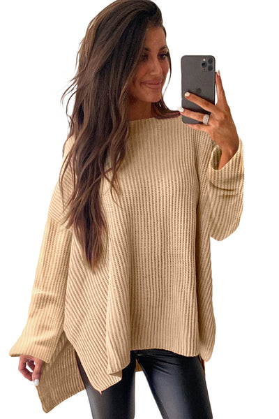 Cozy Women's Apricot Cable Knit Sweater with Drop Shoulders & Side Slits - Relaxed Fit for Effortless Fall Fashion