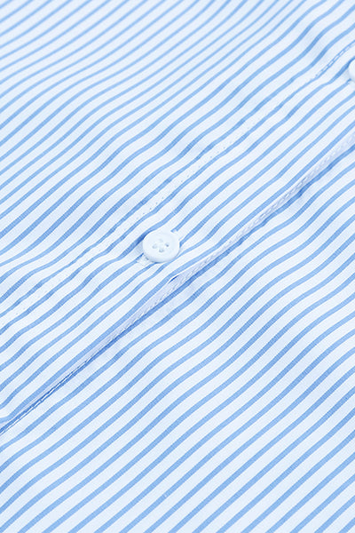 Women's Sky Blue Smocked Cuff Striped Boyfriend Shirt