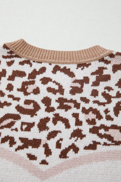 Women's Taupe Leopard Chevron Colorblock Knit Sweater