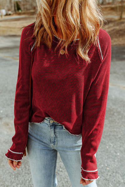 Women's Fiery Red Textured Long Sleeve Blouse - Casual Round Neck Top for Effortless Everyday Chic