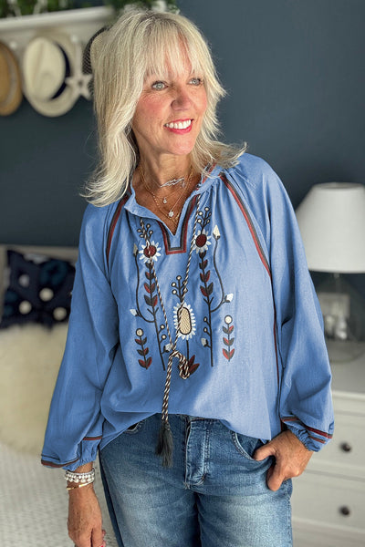 "Chic Women's Real Teal Floral Embroidered Blouse with Split Neck, Tassel Tie & Puff Sleeves for Effortless Style"