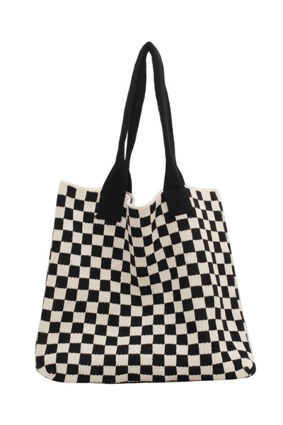 Women's Black and White Checkered Knit Shoulder Tote Bag