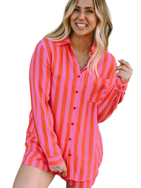 Orange Stripe Print Shirt and Shorts Lounge Set