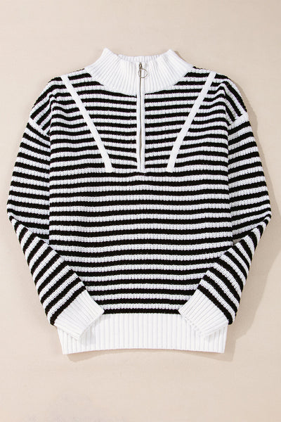 Chic Women's Black Stripe Zip-Up Sweater with Drop Shoulders - Cozy Casual Layering for Every Occasion