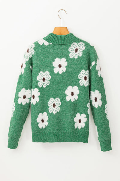 Trendy Women's Cozy Green Floral Half-Zip Sweater with Drop Shoulder Design - Ideal for Casual Outings