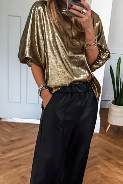 Women's Gold Metallic Split Neck Blouse with Half Sleeves