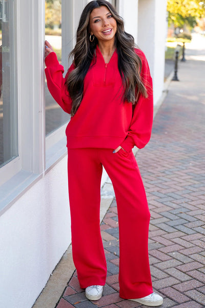 women's fiery red athleisure set - stylish quarter-zip pullover and drawstring sweatpants for ultimate comfort made for easy styling and wardrobe with