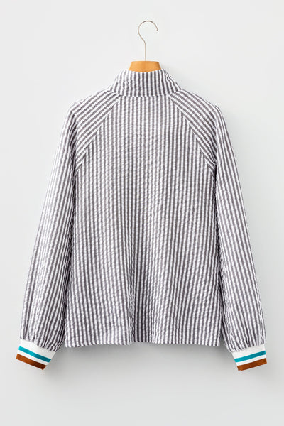 Women's Dark Grey Striped Cotton-Blend Split Neck Blouse