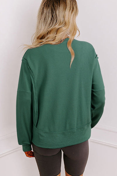 Women's Casual Evergreen Ribbed Sweatshirt with Drop Shoulders and Raw Seam Design for Effortless Comfort in Solid Color