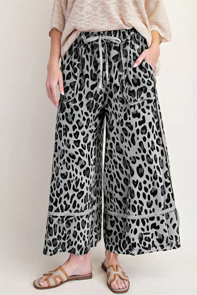 Women's Grey Leopard Print Wide-Leg Cropped Culottes