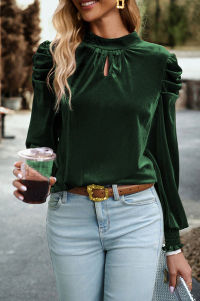 Elegant Women's Blackish Green Velvet Blouse with Mock Neck, Puff Sleeves - Stylish & Comfortable Fashion Top