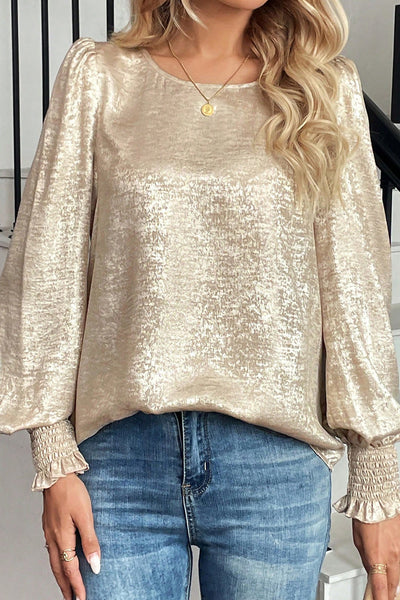 Elegant Women's Apricot Metallic Long Sleeve Blouse with Smocked Details - Chic Round Neck Top for Stylish Looks