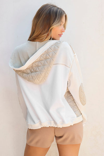 Women's Beige Quilted Hooded Jacket with Textured Patchwork Stylish Loose Fit for Cozy Comfort