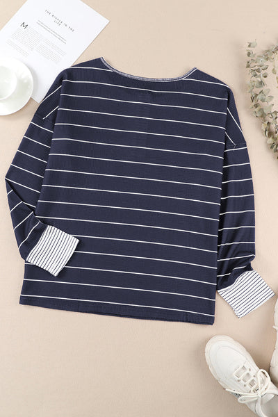Women's Casual Chic Navy Blue Striped Color Block Waffle Knit Button-Up Top for Effortless Everyday Style