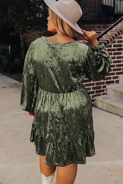 Chic Jungle Green Plus Size Velvet Puff Sleeve Babydoll Mini Dress for Women Stylish & Comfortable Party Outfit