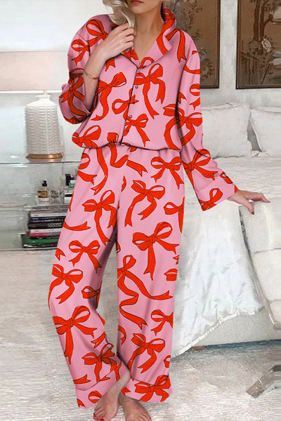 Cozy Women's Pink Bow Print Long Sleeve Pajama Set - Stylish 2-Piece Sleepwear for Comfortable Nights