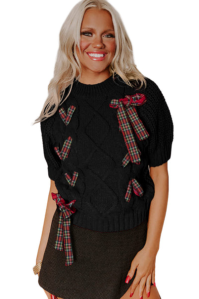 women's black plaid puff sleeve sweater with lace-up detail - stylish holiday top for festive occasions with practical styling and dependable